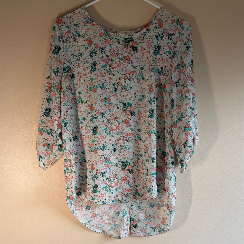 Pink Rose White Floral Blouse with Teal & Coral Accents